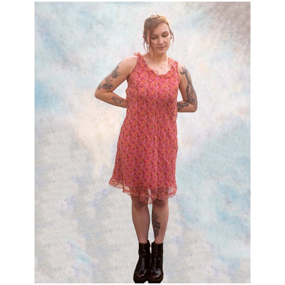 Vintage B. Moss Pink Chiffon Floral Midi Dress - Size Large (Read)
